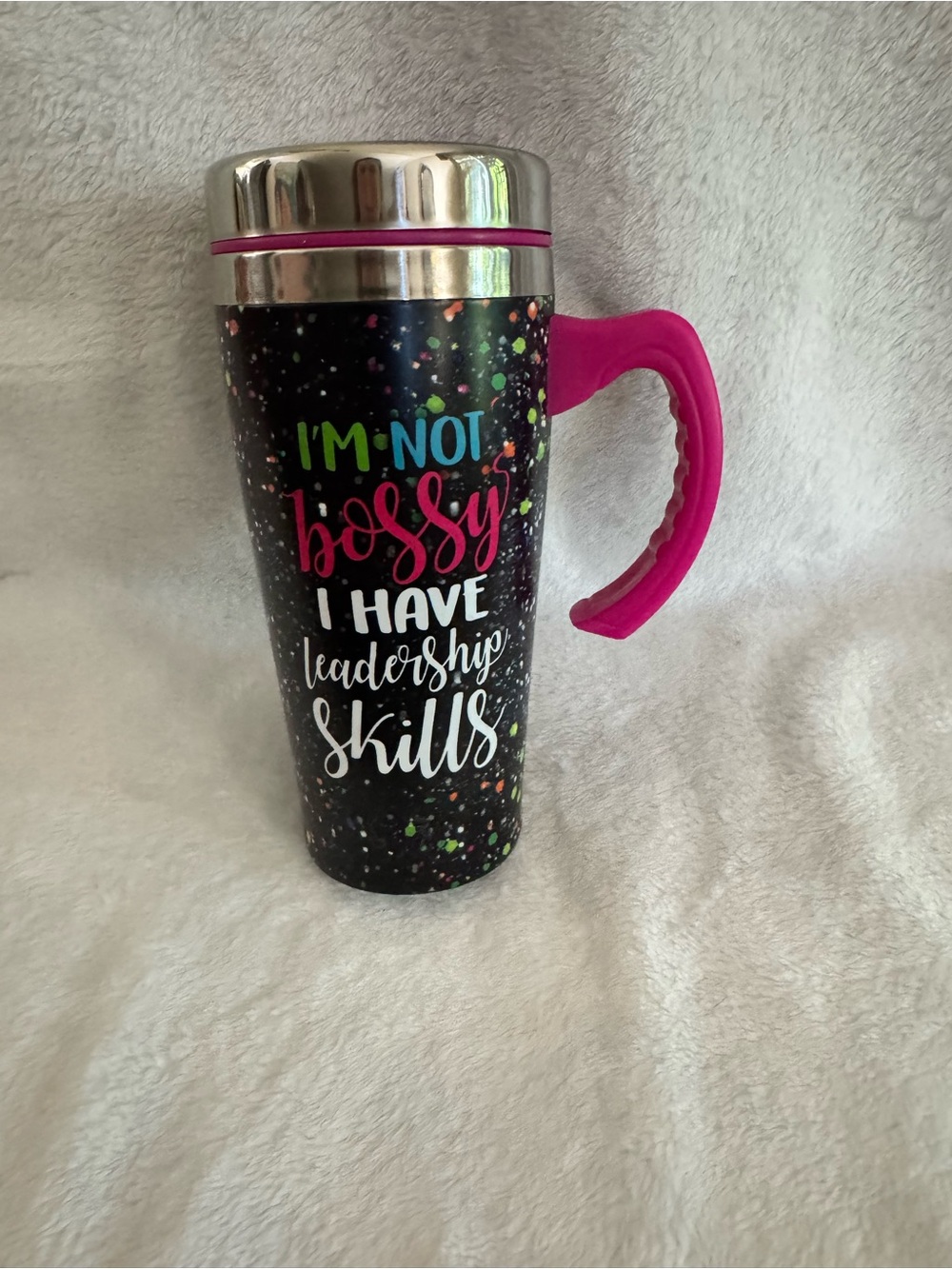 Black Travel Mug with Pink Handle and Colorful Confetti Text